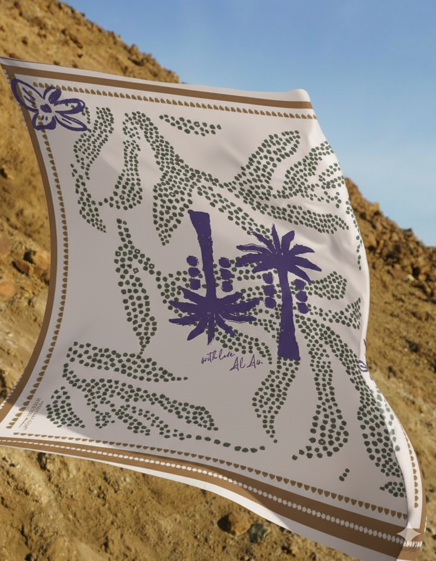 A decorative towel with a pattern of purple palm trees and green foliage, placed on sandy terrain with a rocky hill in the background and a clear blue sky.