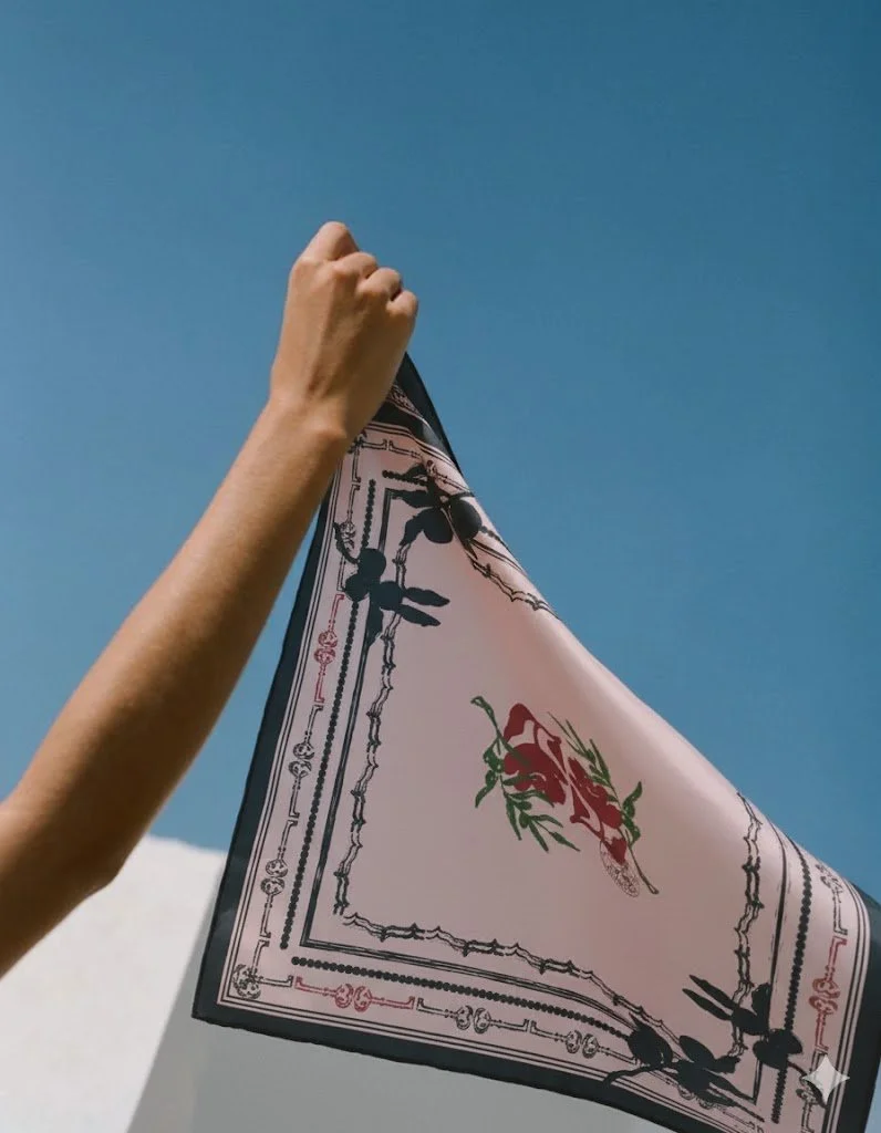 Person holding a colorful scarf with floral and geometric patterns against a bright blue sky.
