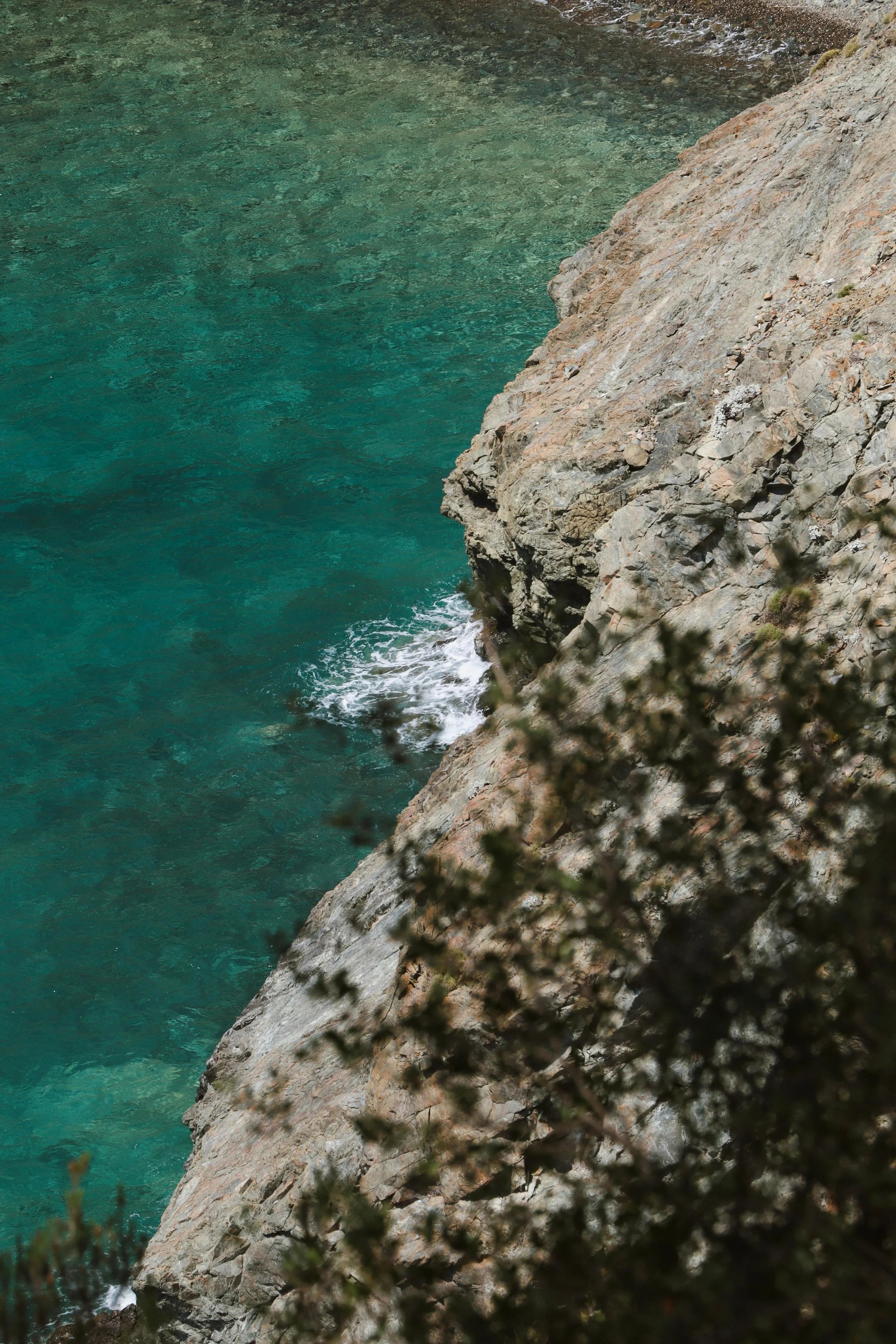 Cliffside overlooking clear turquoise water with some vegetation in the foreground.