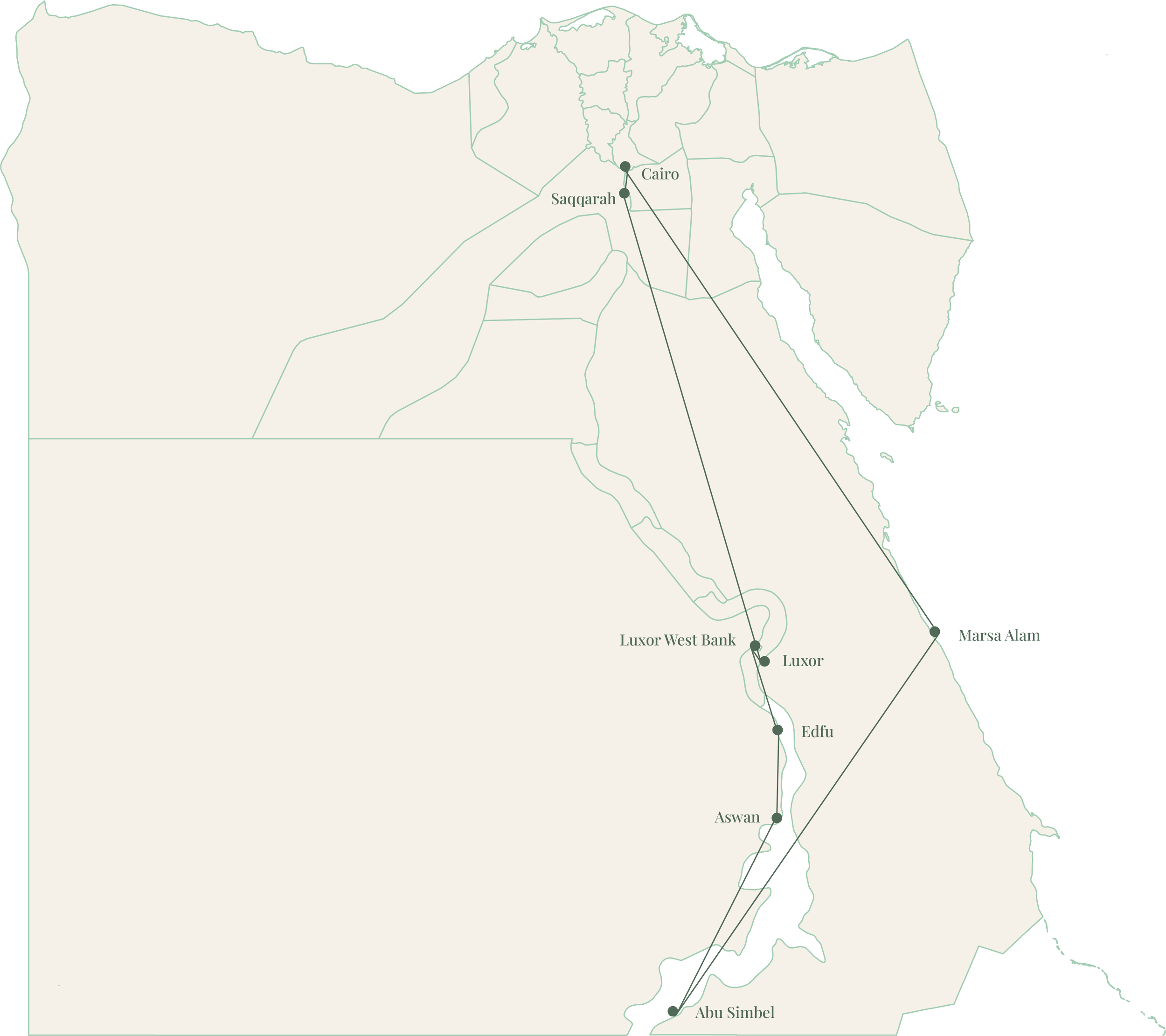 Map of Egypt showing train routes from Cairo to Abu Simbel, passing through Luxor, Aswan, and other locations.