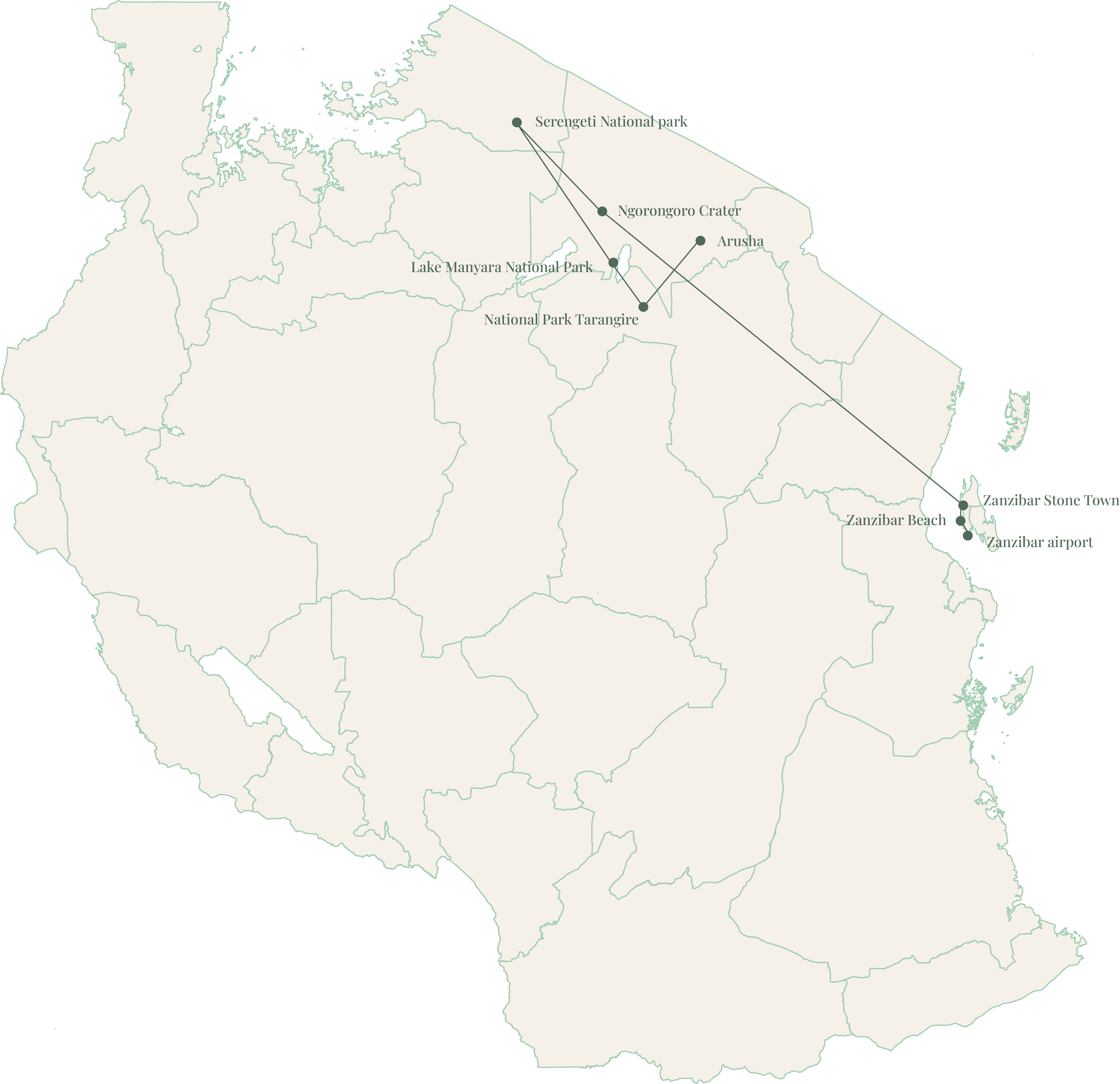 Map of Tanzania showing locations of Zanzibar Stone Town, Zanzibar airport, Zanzibar Beach, National Park Tarangire, Lake Manyara National Park, Serengeti National Park, Ngorongoro Crater, and Arusha.