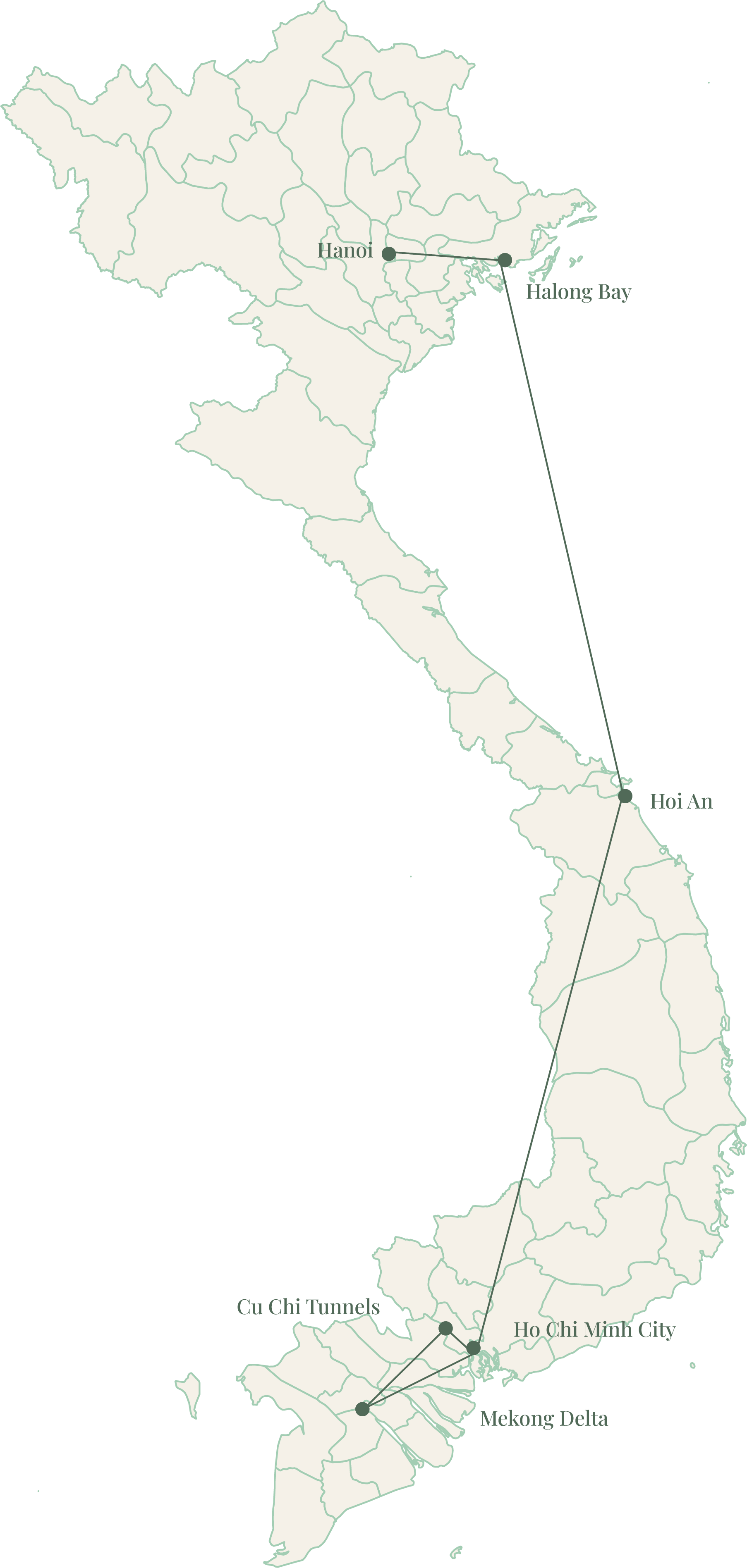 Map of Vietnam showing key locations: Hanoi, Halong Bay, Hoi An, Ho Chi Minh City, Mekong Delta, Cu Chi Tunnels.
