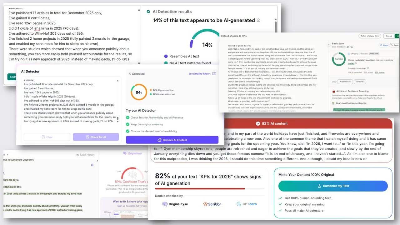 The image displays results for AI generated text on my own text bundled one over another.