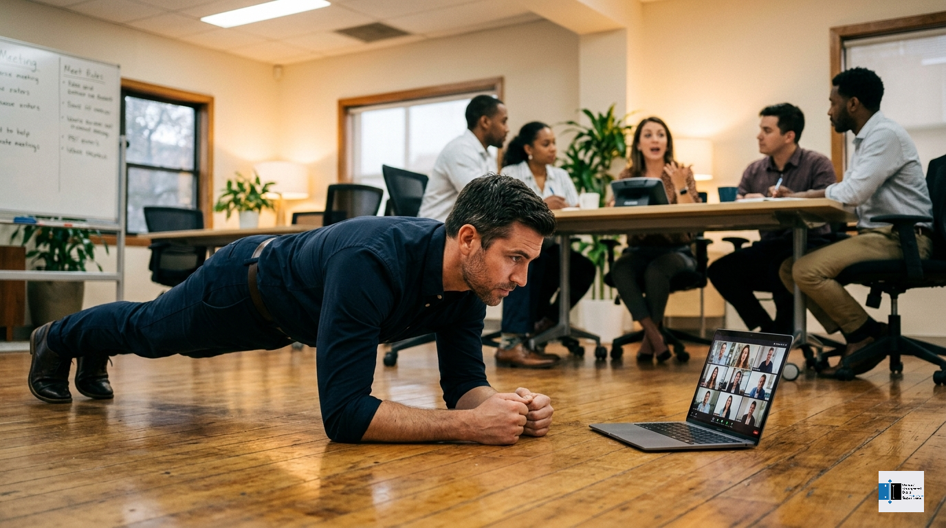A dark-haired man in business casual attire holds a plank position on an office floor while participating in a video call on a laptop, with colleagues visible in a meeting behind him.