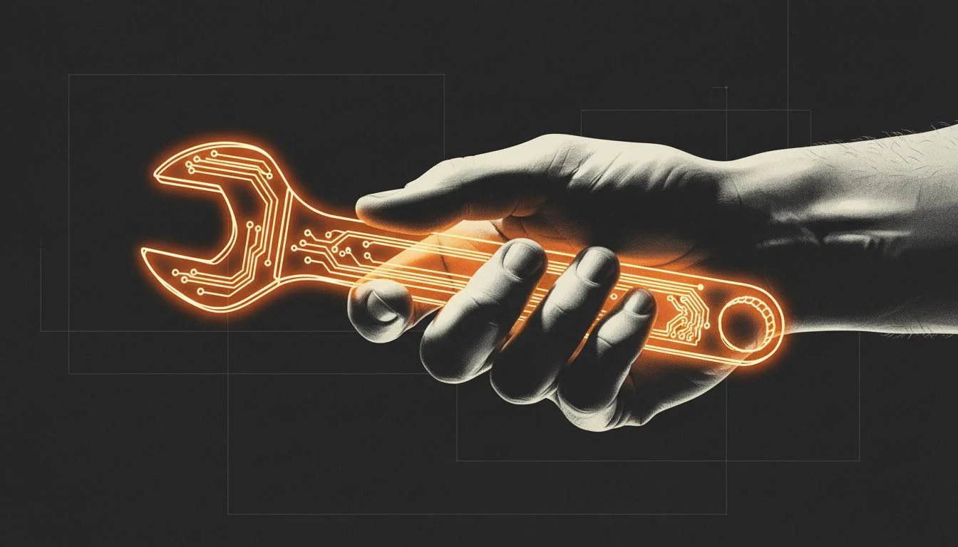 A human hand firmly gripping a glowing abstract tool, symbolising human control over artificial intelligence