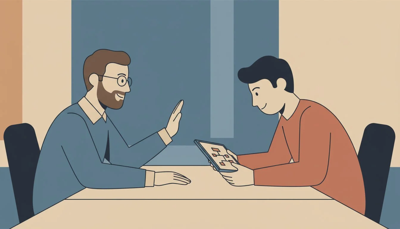 A calm illustration of two people at a table — one gesturing a quiet no — representing how product managers say no to stakeholders with empathy and clarity.