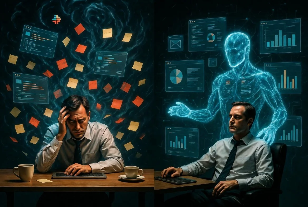 A split-screen image showing a stressed Product Manager overwhelmed by tasks on one side, and empowered by a glowing AI agent handling the chaos on the other, symbolizing AI augmentation rather than replacement.