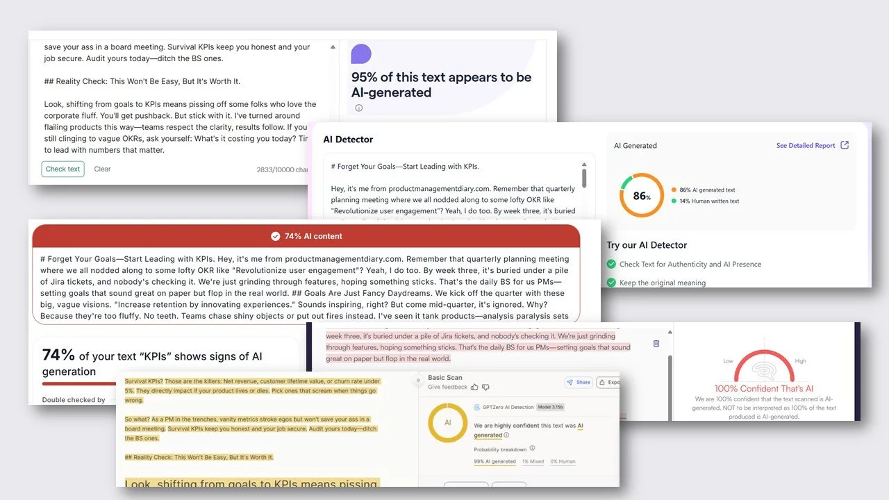 The image displays results for AI generated text results bundled one over another.