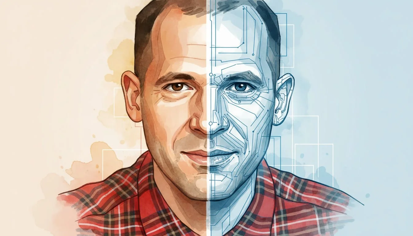 Split illustration of a human face — one side in organic watercolor strokes representing natural human thought, the other in geometric vector lines representing AI patterns
