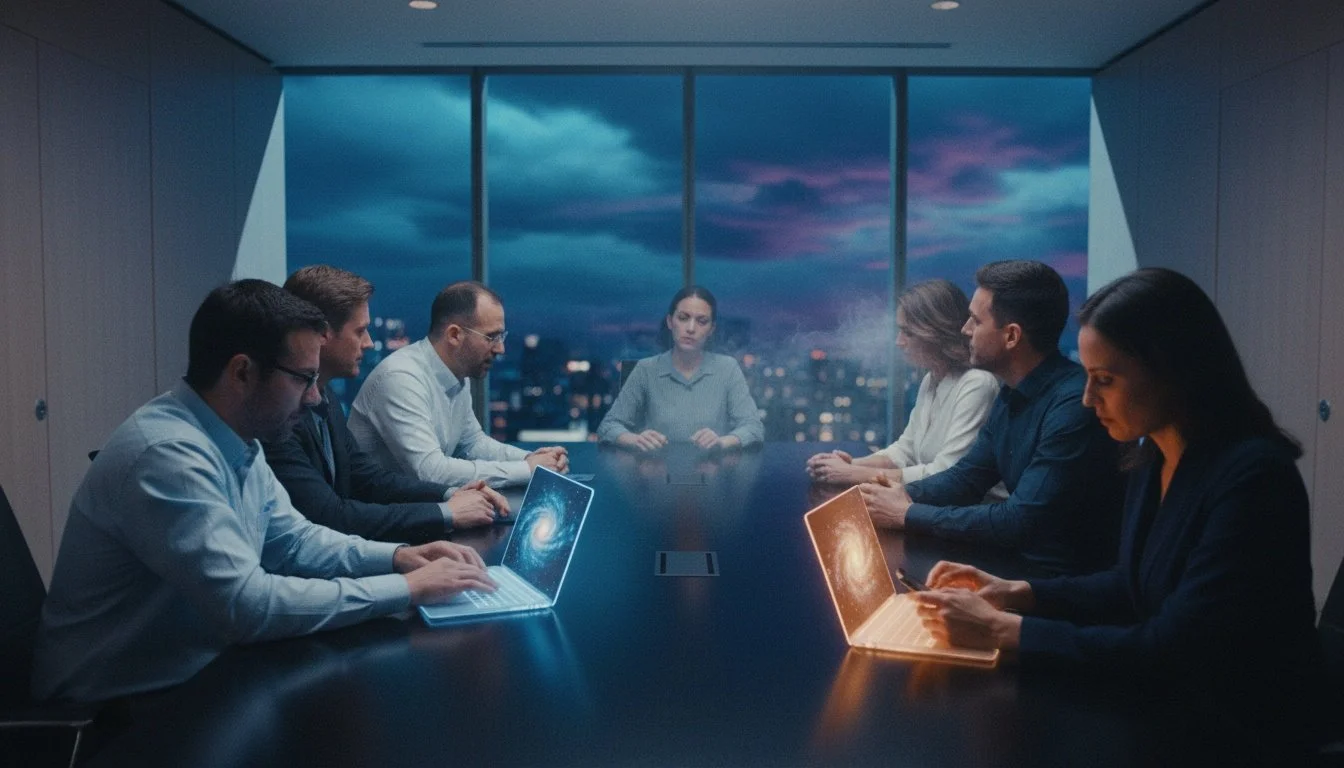 A corporate meeting room where some attendees are engaged while others are visibly distracted, typing on laptops or looking at phones, illustrating the paradox of meeting attendance without participation.