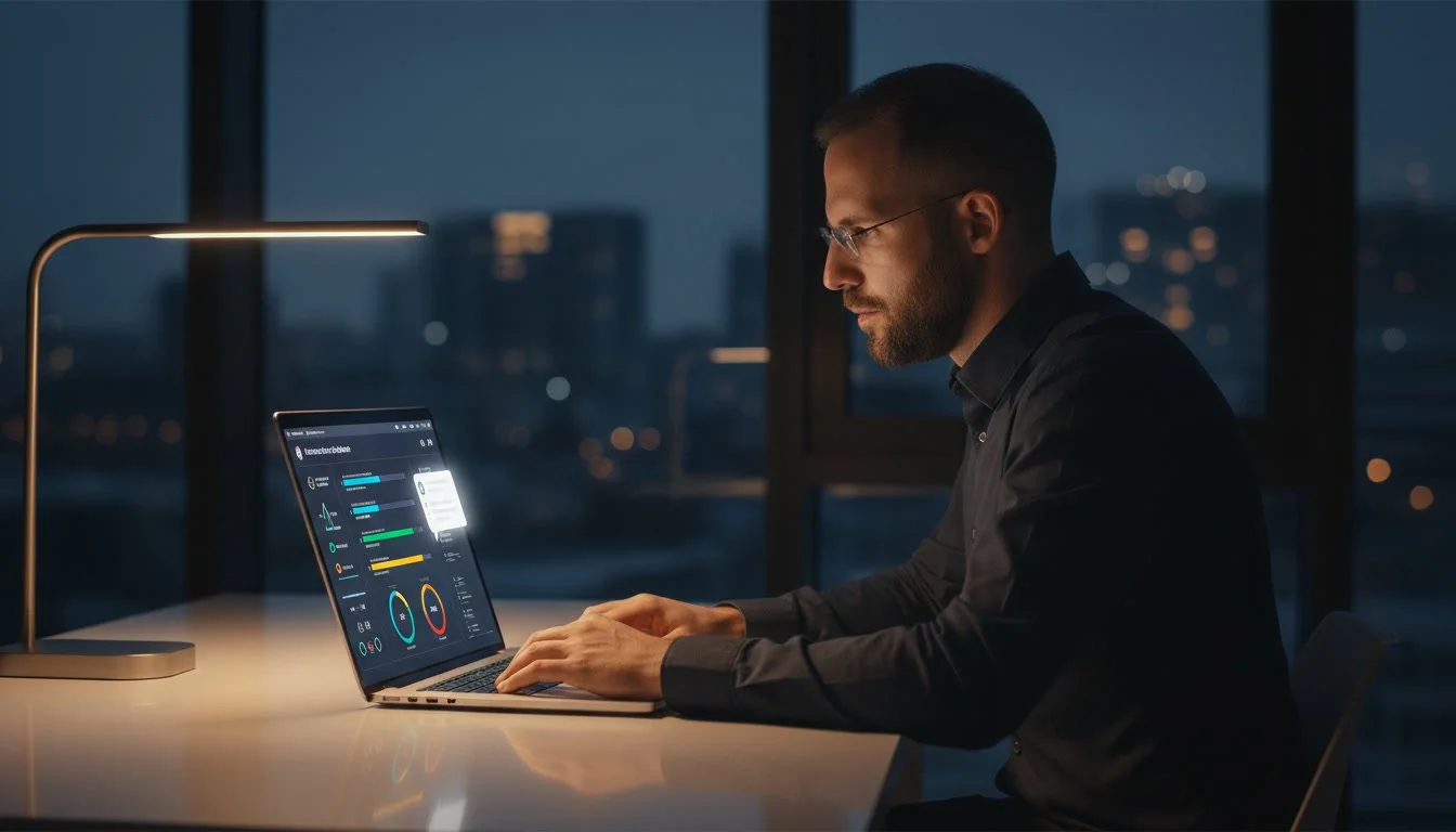 Person reviewing personal KPI dashboard with AI assistant open on laptop, tracking goals and building a recovery plan