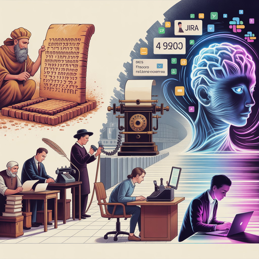 Evolution of communication technology from clay tablets to AI, showing the progression from ancient writing to modern digital tools and product management systems.