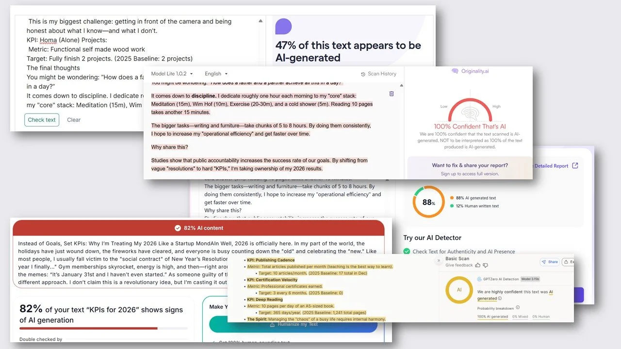 The image displays results for AI edited  my own text by AI  bundled one over another.