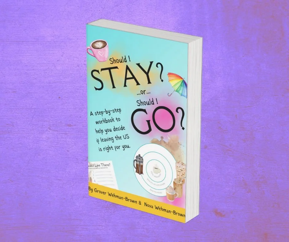 Purple background the cover of Stay or Go Workbook