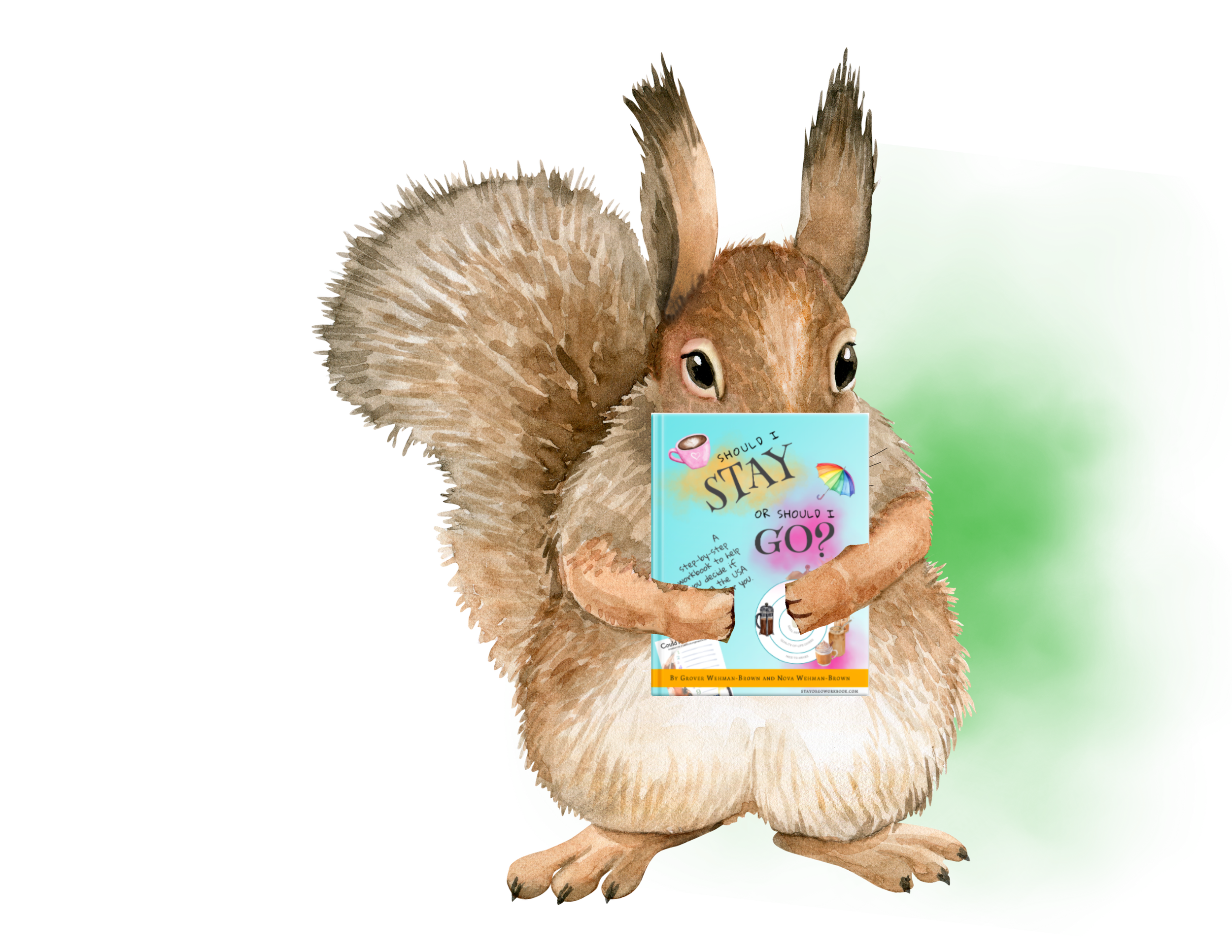 A cartoon squirrel standing upright holding a colorful book titled 'Should I Stay or Should I Go?' in front of its face. The squirrel has brown and beige fur, big eyes, and is set against a transparent background.