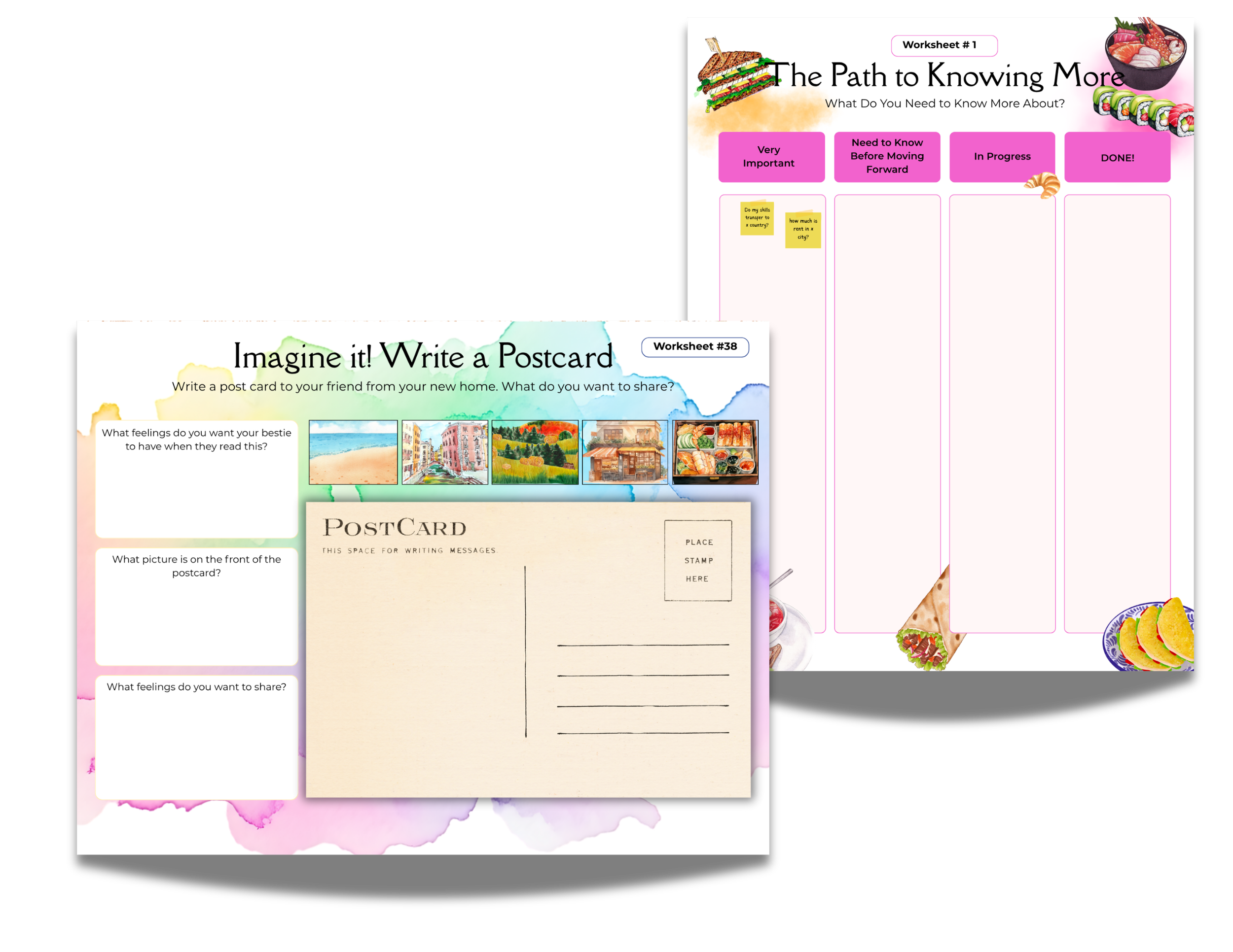 Two educational worksheets. The first titled "Imagine it! Write a Postcard" prompts to write a postcard from a new home, with spaces for feelings, a picture, and message, featuring colorful watercolor images of various landscapes and food. The second titled "The Path to Knowing More" guides to explore what is important and necessary before moving forward, with sections labeled "Very Important," "Need to Know Before Moving Forward," "In Progress," and "DONE!"; decorated with images of sandwiches, sushi, and desserts.