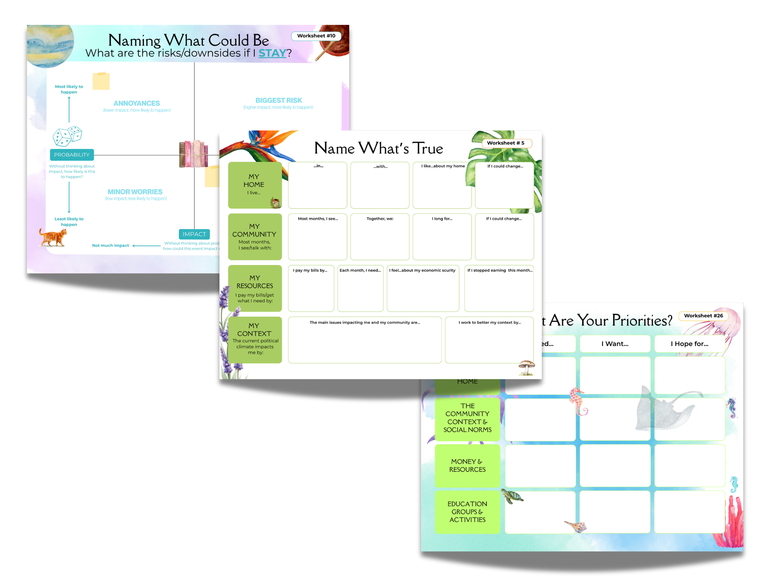 Screenshots of educational worksheets with colorful designs, including sections on risks, priorities, and personal information, featuring illustrations of animals, plants, and space elements.