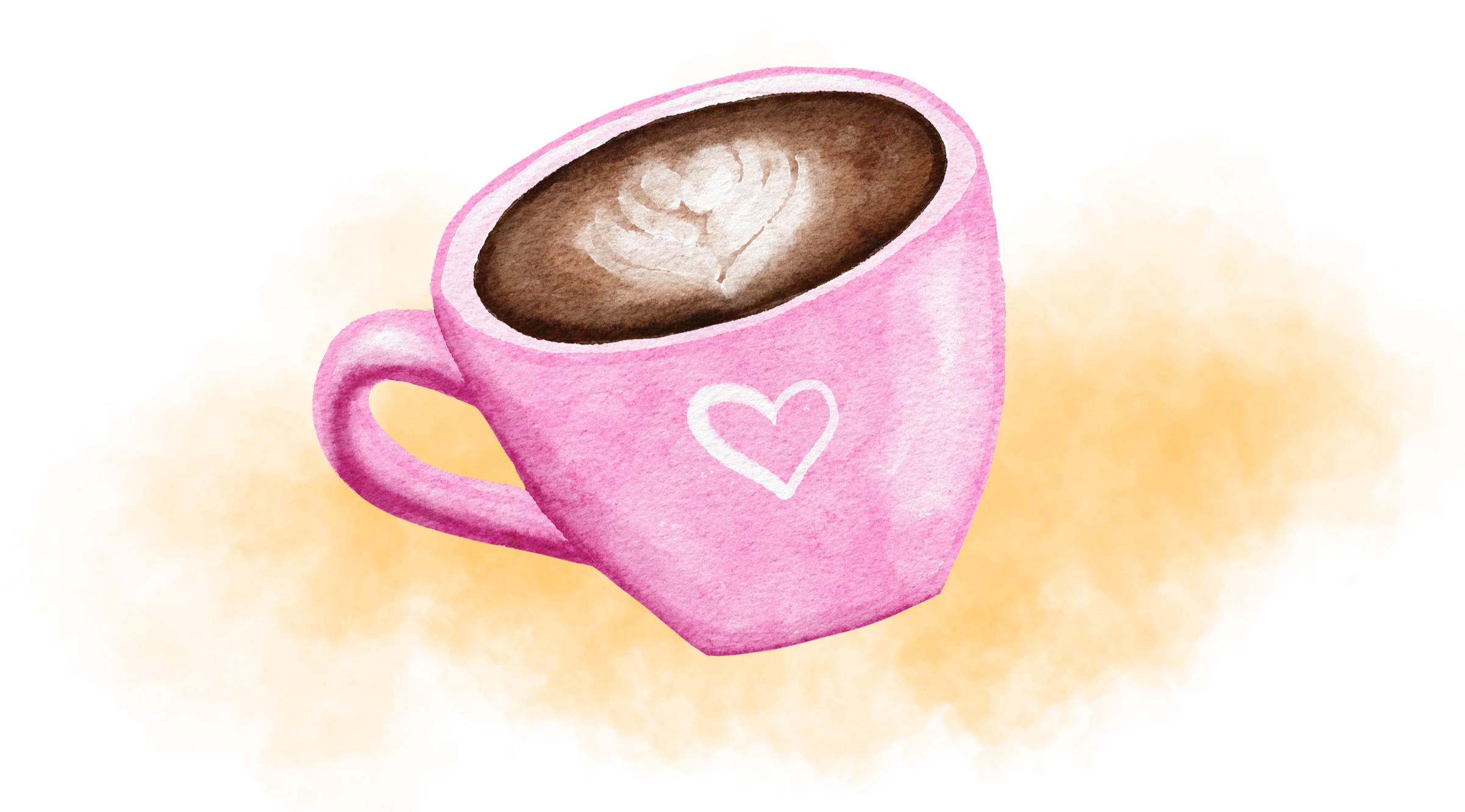 Watercolor painting of a pink coffee mug with a white heart on it, filled with coffee, placed on a large orange flower petal.