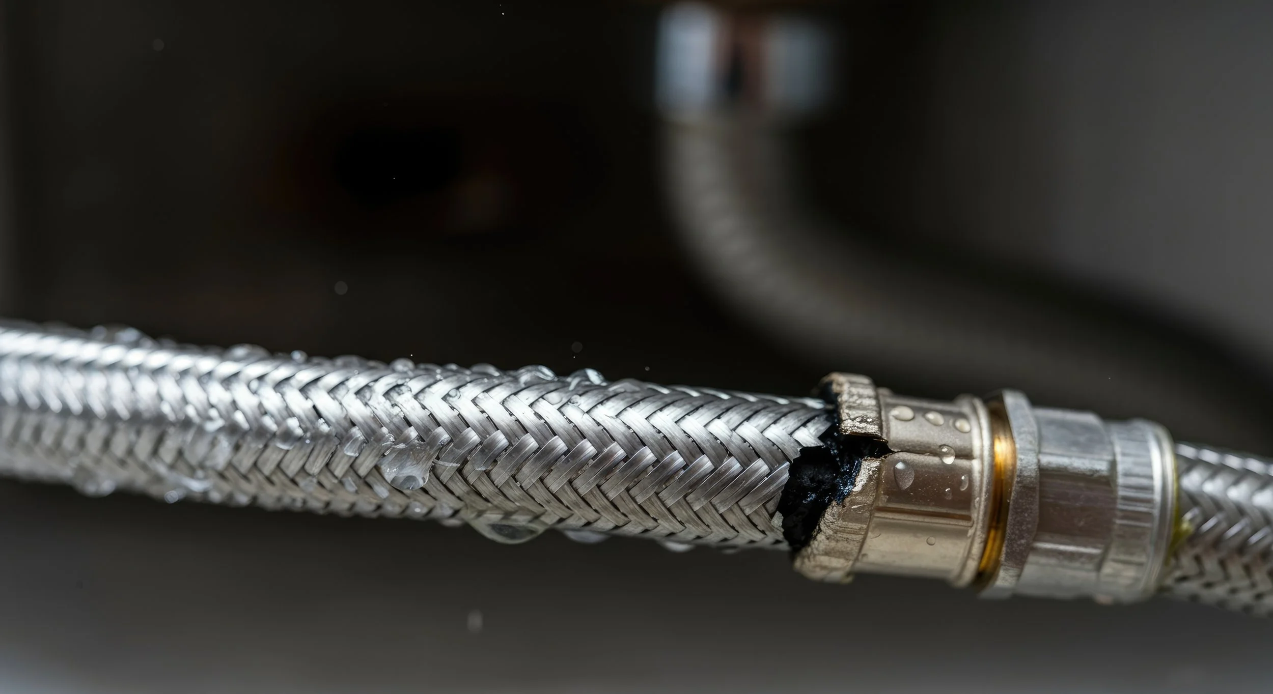 Close-up of a damaged silver braided hose with a crack near the connector, possibly a plumbing or high-pressure hose.