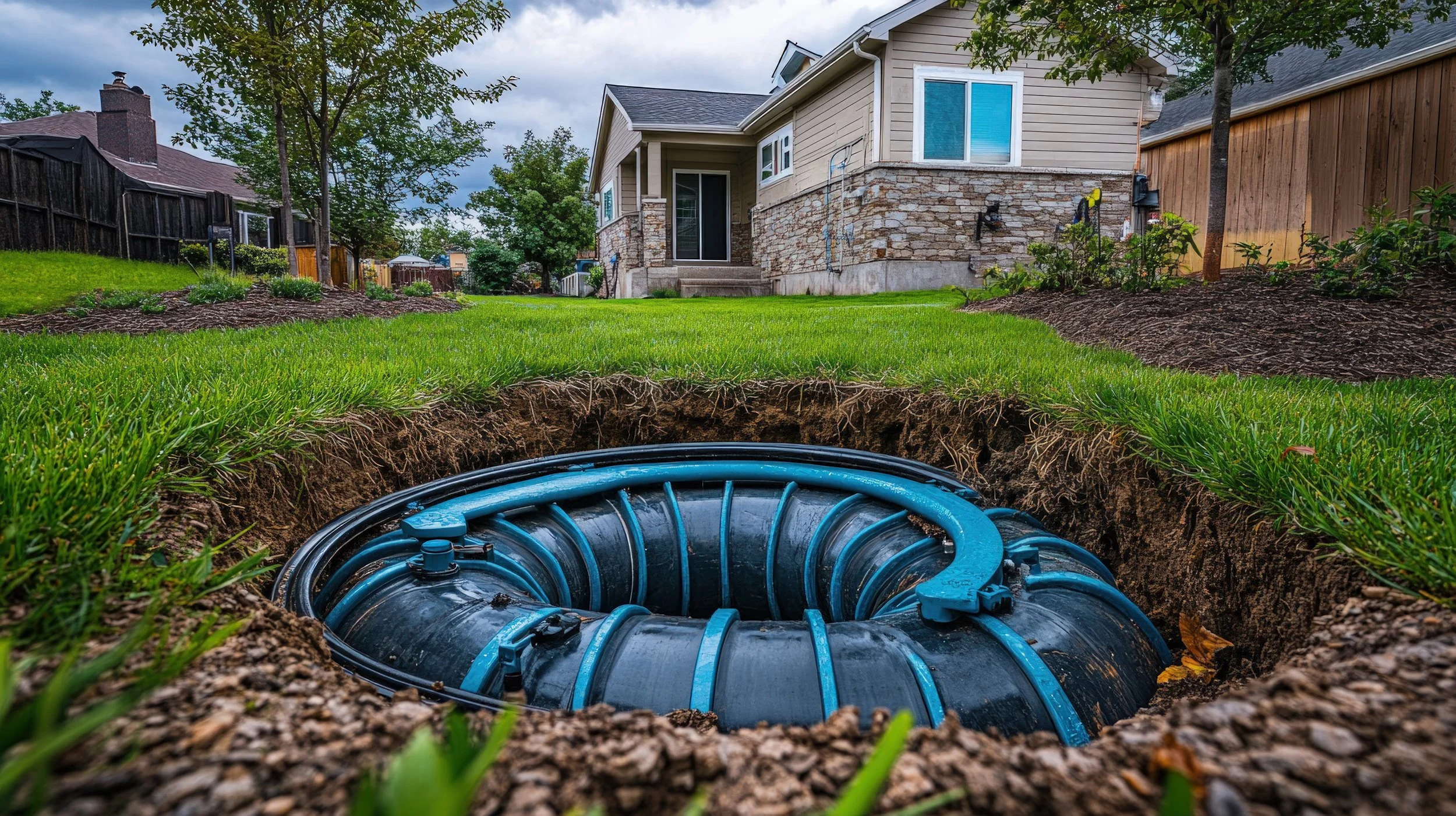 A large hole in a backyard with a blue and black underground utility or irrigation pipe system exposed, surrounded by grass and soil, with a house and trees in the background.