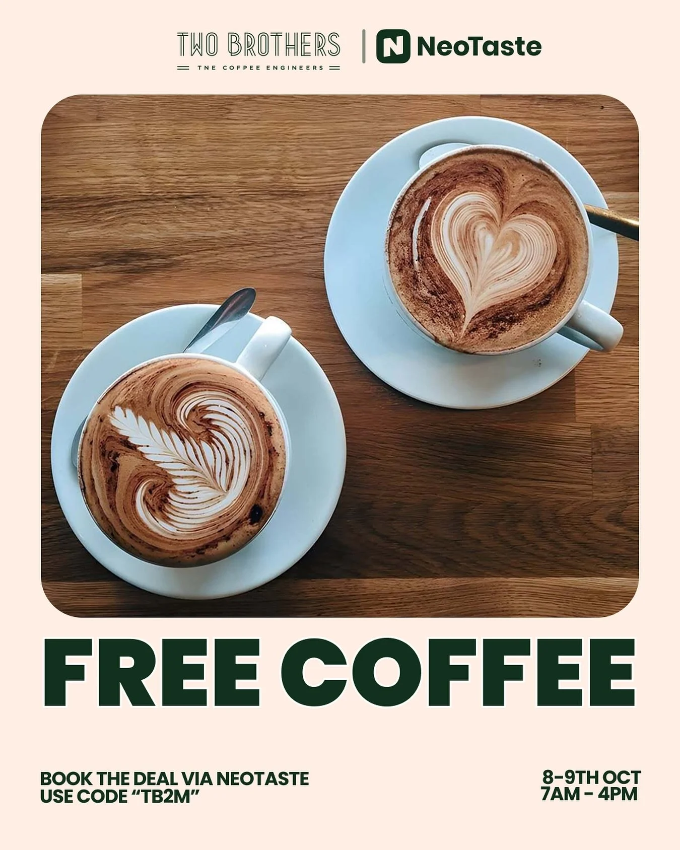 ☕ Manchester Coffee Lovers ☕
We&rsquo;ve teamed up with @uk_neotaste to bring you a Free Coffee Pop-Up at Two Brothers Altrincham
on 8th and 9th of October 💚🎉
As a gift from us to you - get a free coffee, and 2 months free NeoTaste membership when 