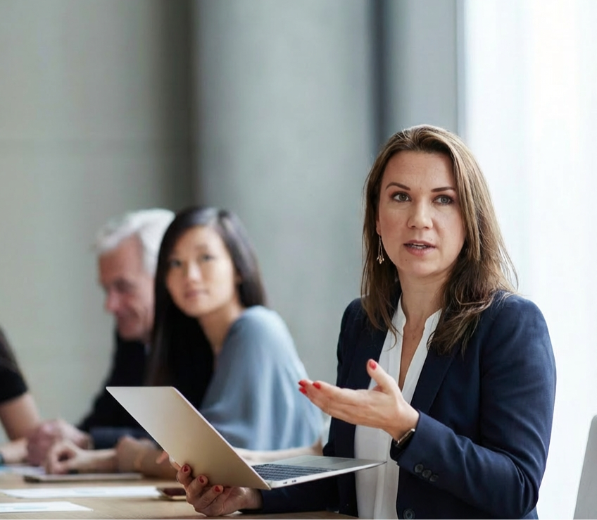 Businesswoman speaking and holding a laptop during a meeting with colleagues in a conference room.
