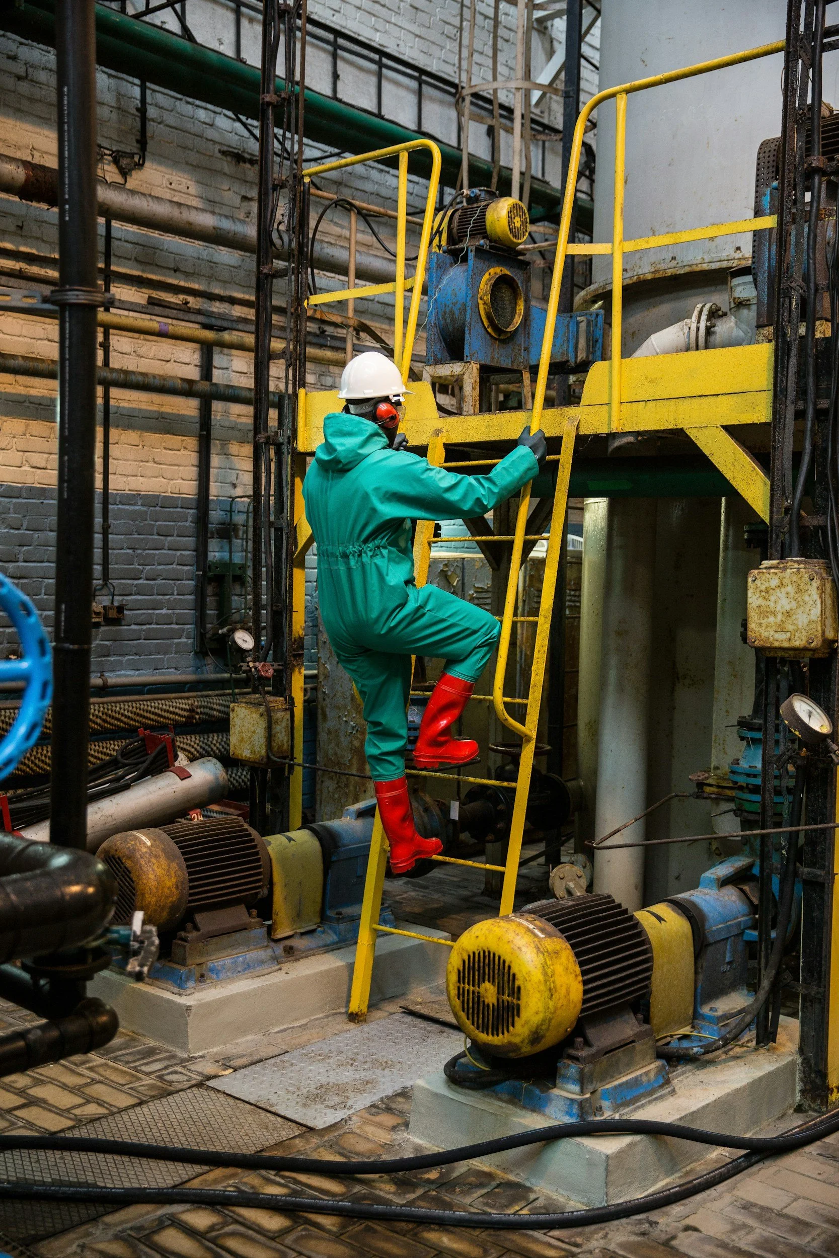 A worker in protective gear, including a white helmet, teal coveralls, and red rubber boots, ascending a yellow metal staircase inside an industrial facility with machinery and piping.