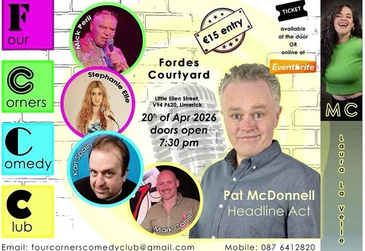 Come along to Fordes Courtyard on Monday for a fantastic lineup! ✨ See @fourcornerscomedyclub for tickets! Use promo code &lsquo;comedians&rsquo; for 50% off 🌟