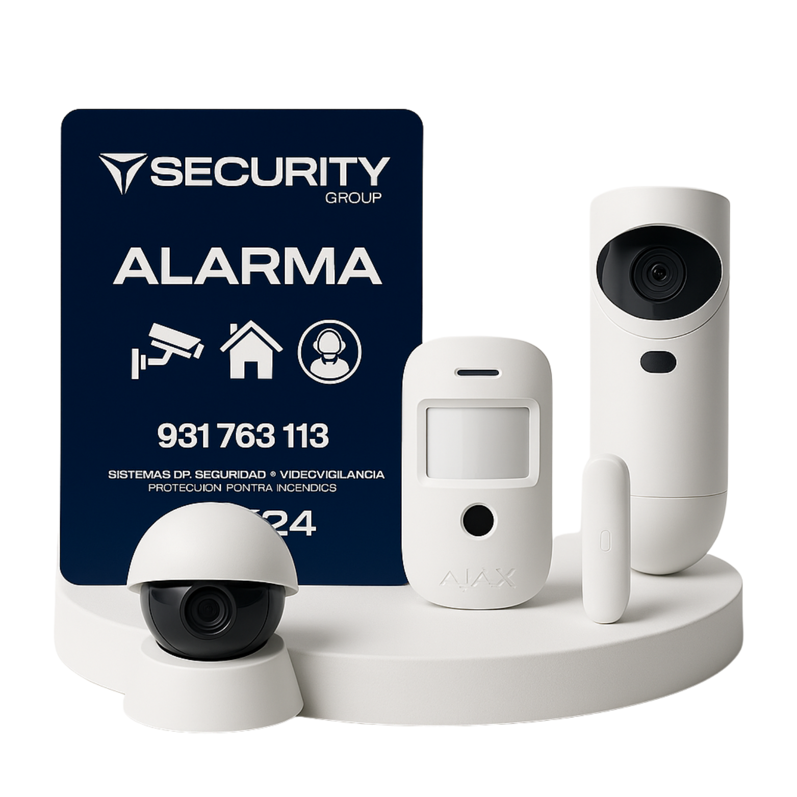 Sistema de alarma con cámaras, control remoto y cartel de contacto de seguridad.