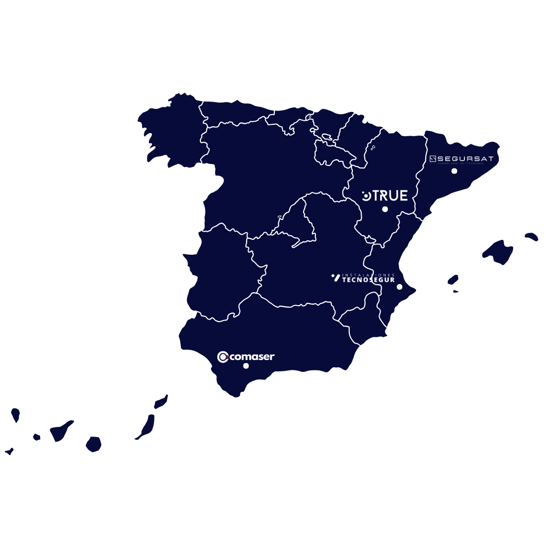 Mapa de España con marcas en distintas regiones, indicando diferentes empresas de servicios.