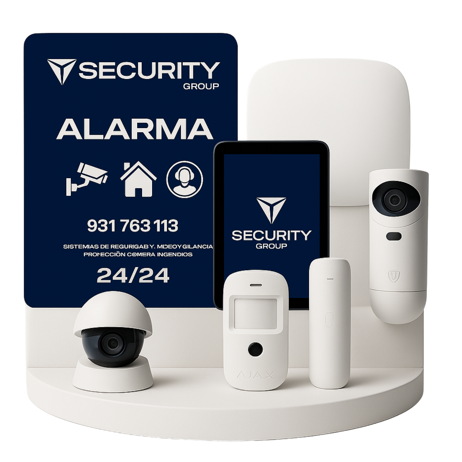 Varios dispositivos de seguridad y un cartel que promociona servicios de alarma y protección 24 horas en un stand
