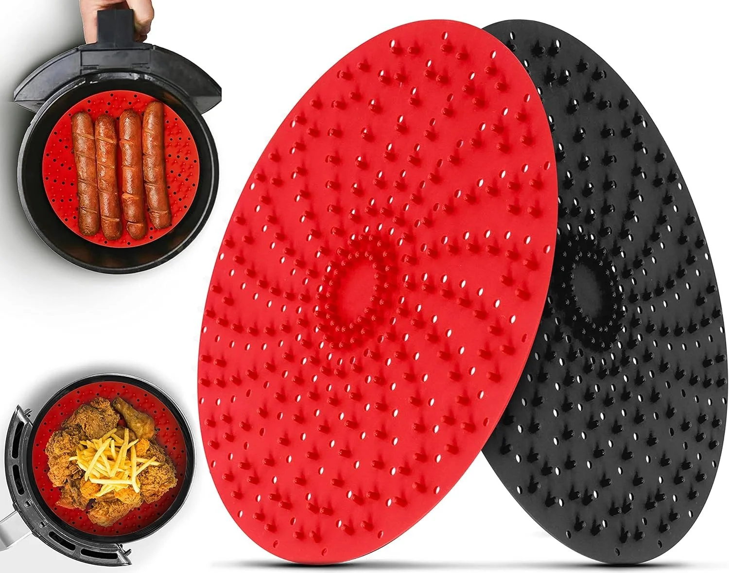 Bristles Design Silicone Air Fryer Liner, 8'' Liners Reusable Silicone, Food Grade Non-Stick liner Parcht Paper Replacet, Easy Clean Accessories 2pcs, Black & Red