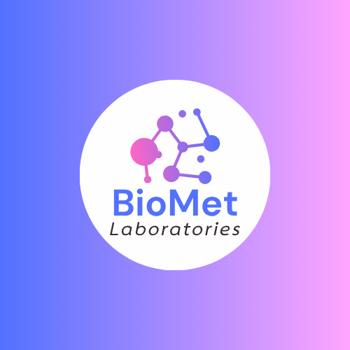 BioMet Laboratories logo with purple and blue molecular design on a gradient purple and pink background.