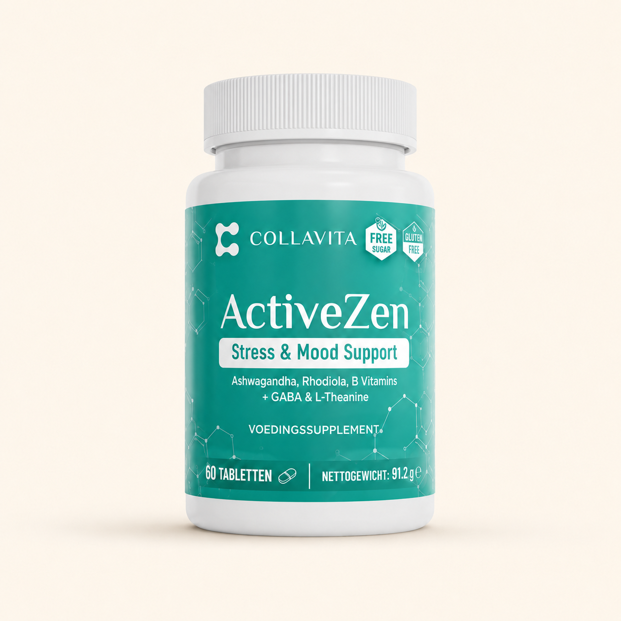 Potlood met suppletableement van voedingssupplement Collavita ActiveZen, Stress & Mood Support, met ingrediënten zoals Ashwagandha, Rhodiola, B-vitamines, GABA en L-Theanine, bevat 60 tabletten, netto gewicht 91,2 g.