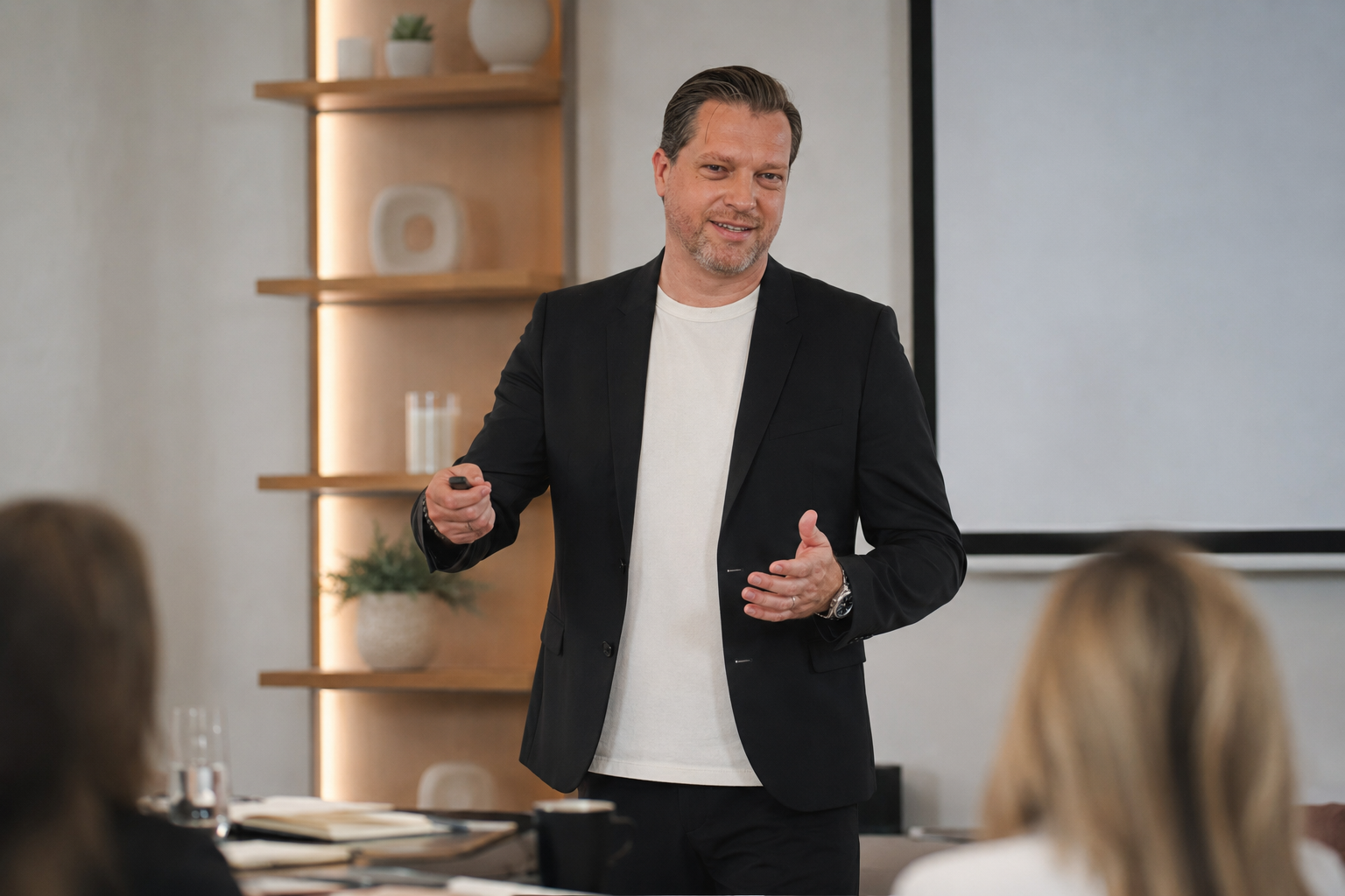 Man in zwart pak geeft presentatie aan een groep mensen in een vergaderruimte.
