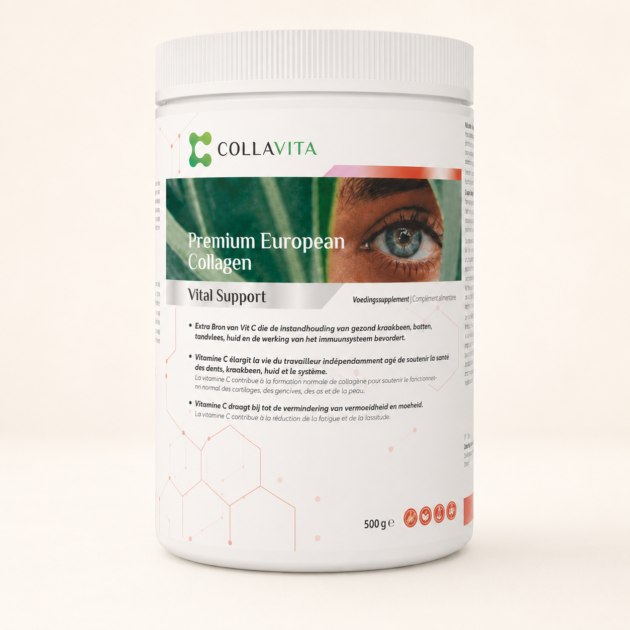 Pot met Collavita Premium European Collagen supplement met een afbeelding van een oog en groene bladeren.