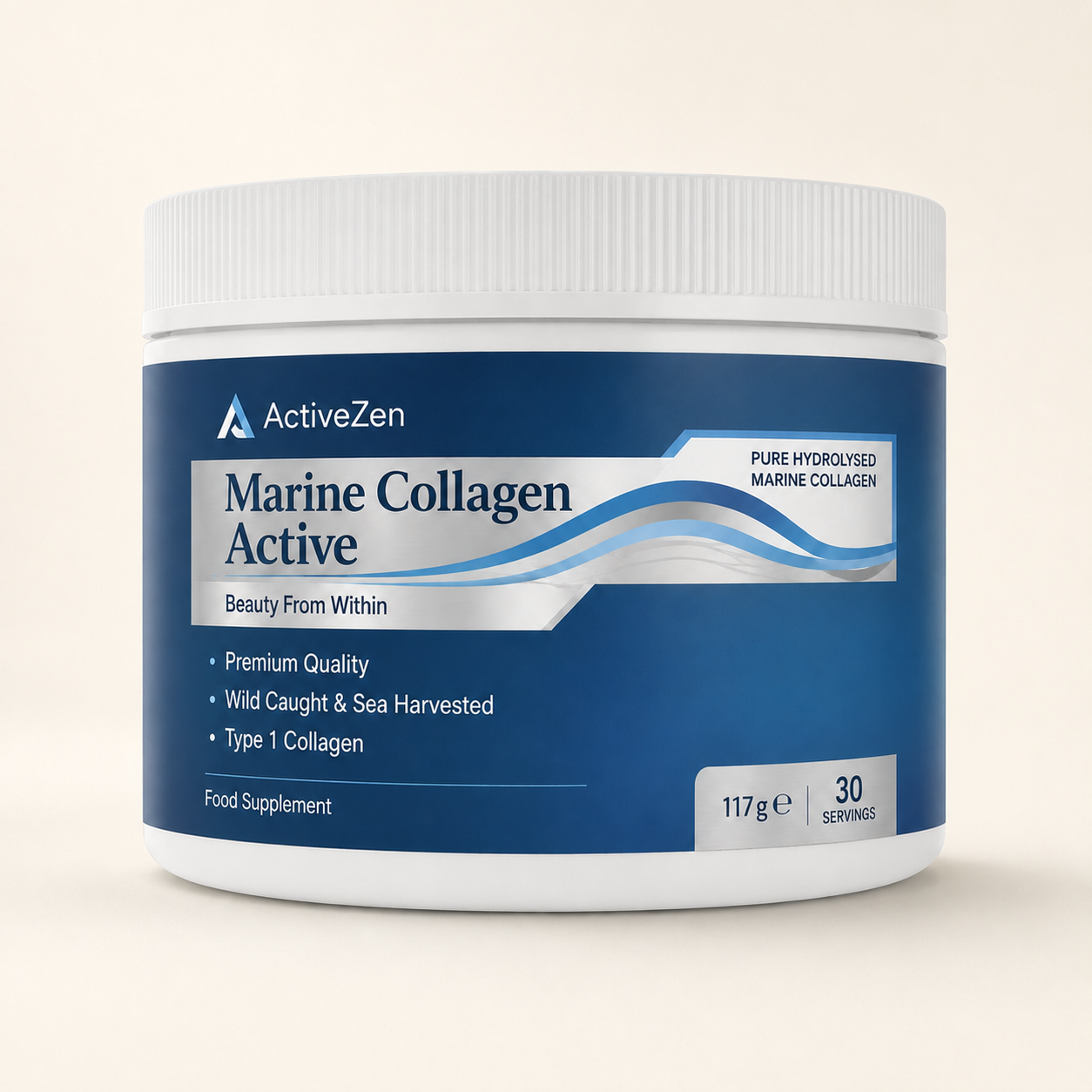 Een blikken doosje met marine collage supplementen, blauwe verpakking met witte tekst, bevat 117 gram en 30 porties.