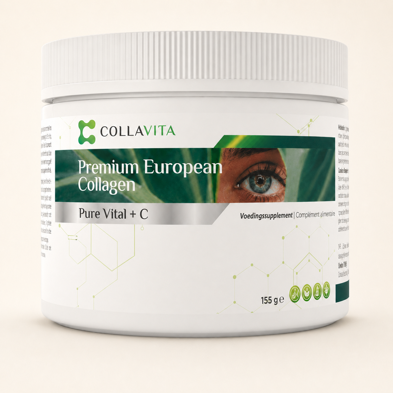 Pot supplementen met de tekst 'Premium European Collagen' en 'Pure Vital + C', met een oog dat uit een grote blad iet.