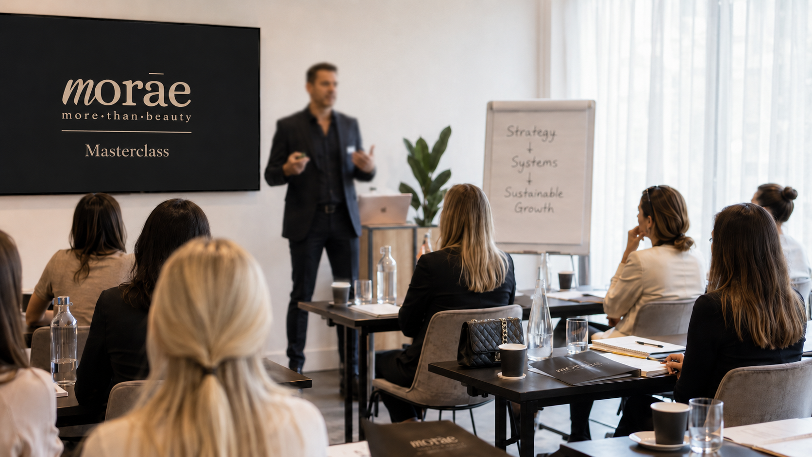 Een man geeft een presentatie aan een groep mensen in een conferentiezaal, met een whiteboard en een groot scherm met de tekst 'morae Masterclass'.