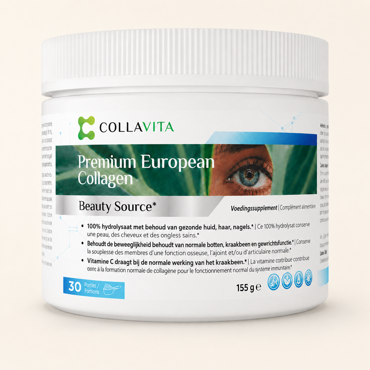 Pot collageen supplement met witte deksel en label met een oog en groene achtergrond, bevat 155 gram, goed voor 30 porties, van het merk Collavita.