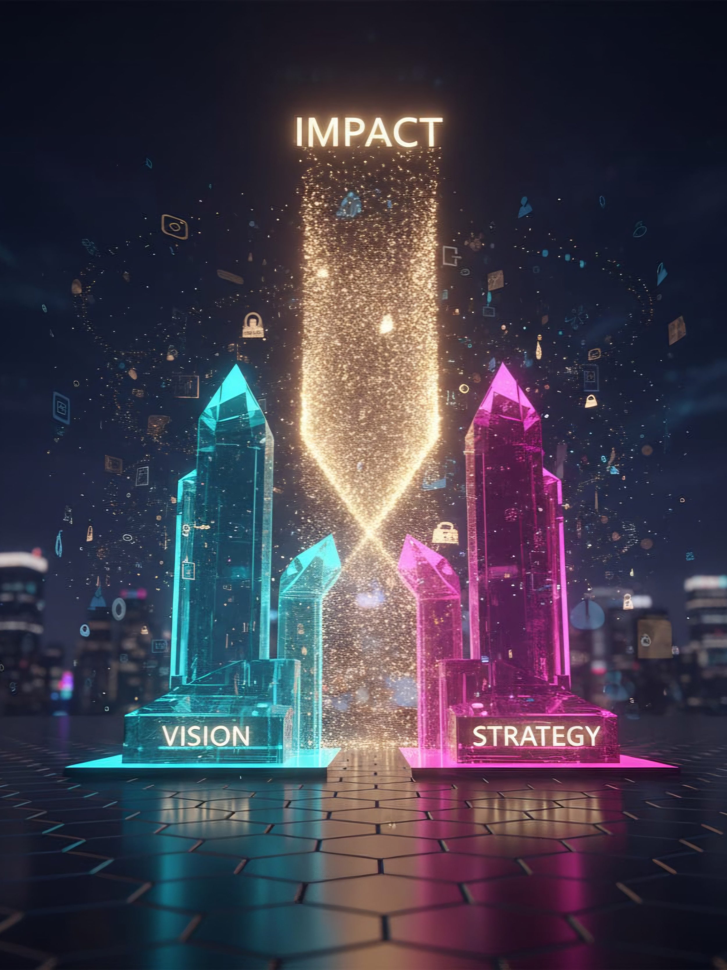 Futuristic digital illustration with glowing glass skyscrapers labeled 'Vision' in blue and 'Strategy' in pink, with sparks and floating icons in the background, and a large glowing 'Impact' at the top.