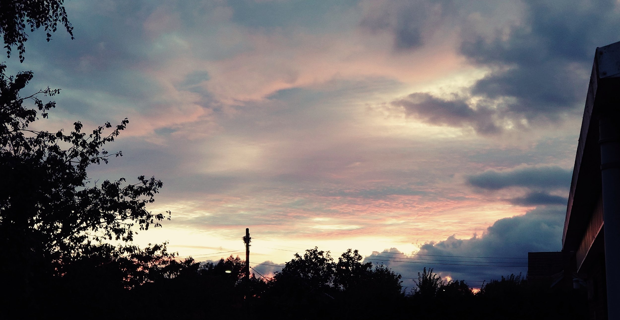 Pastel-toned sunset sky with layered clouds and silhouetted trees, highlighting natural colours, atmospheric cloud formations, and dramatic low-light landscape photography.