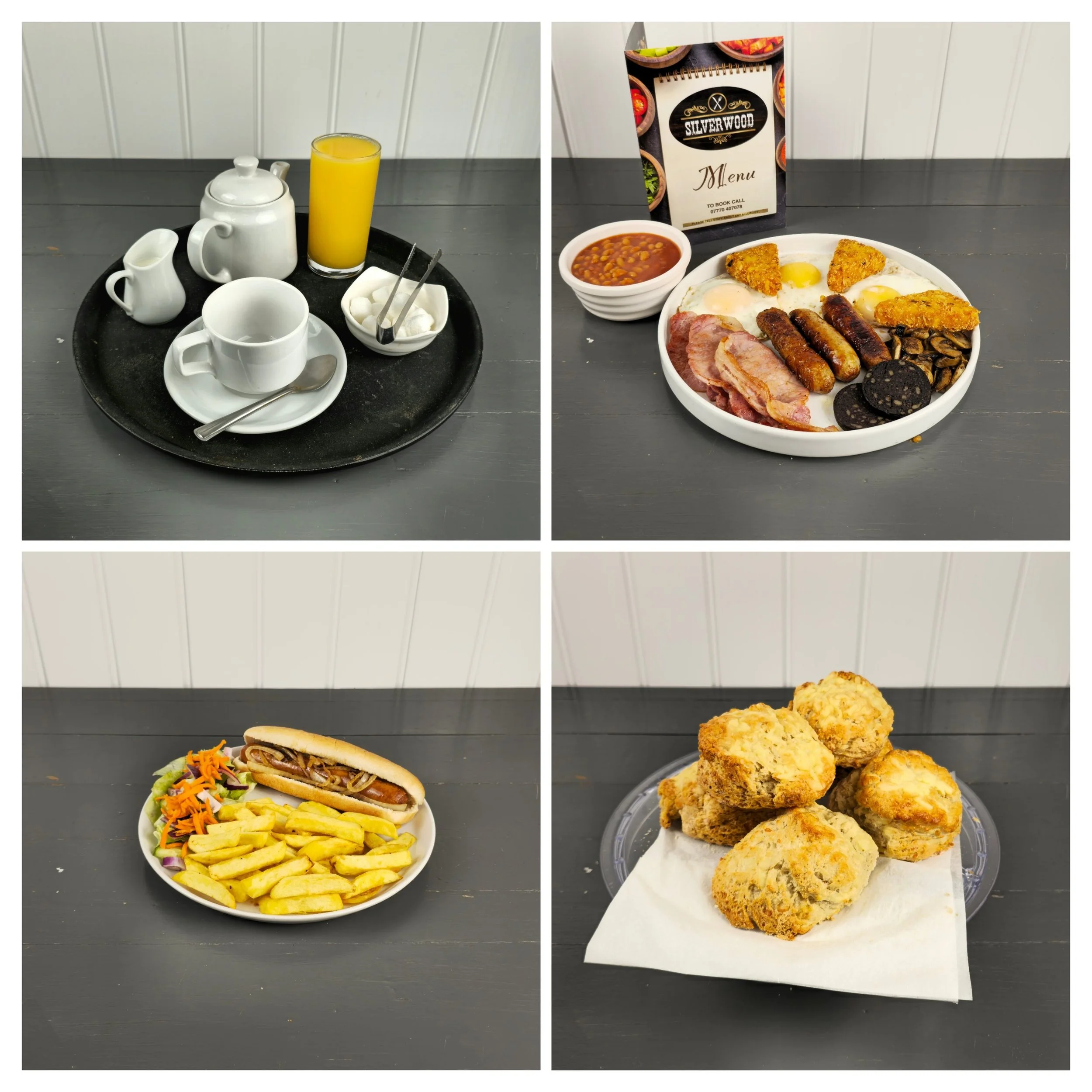 A professional food photography collage showcasing hearty British meals, teas, and baked goods. Captured by Daines Royal Limited for Silverwood Café, this image reflects authentic local marketing with high-quality, affordable content production ideal