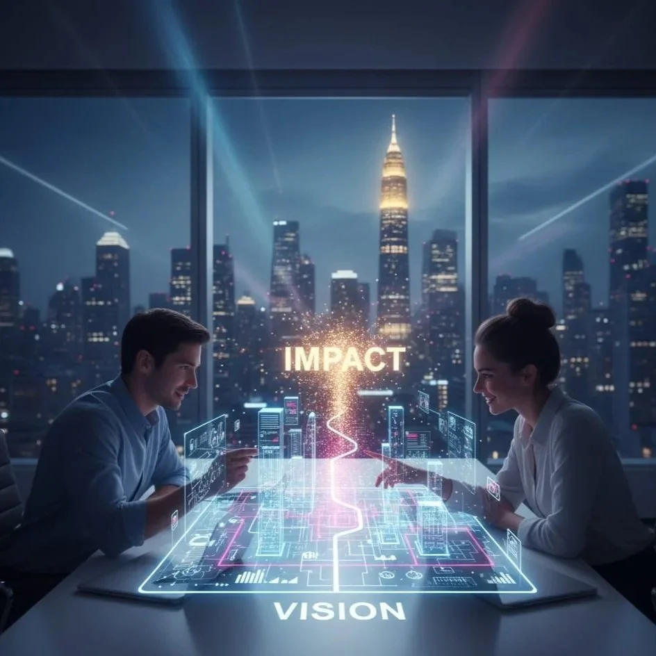 Two people sitting across a table with digital screens, a city skyline at night with tall skyscrapers including the Empire State Building, and a glowing word 'IMPACT' rising from a digital pathway labeled 'VISION'.