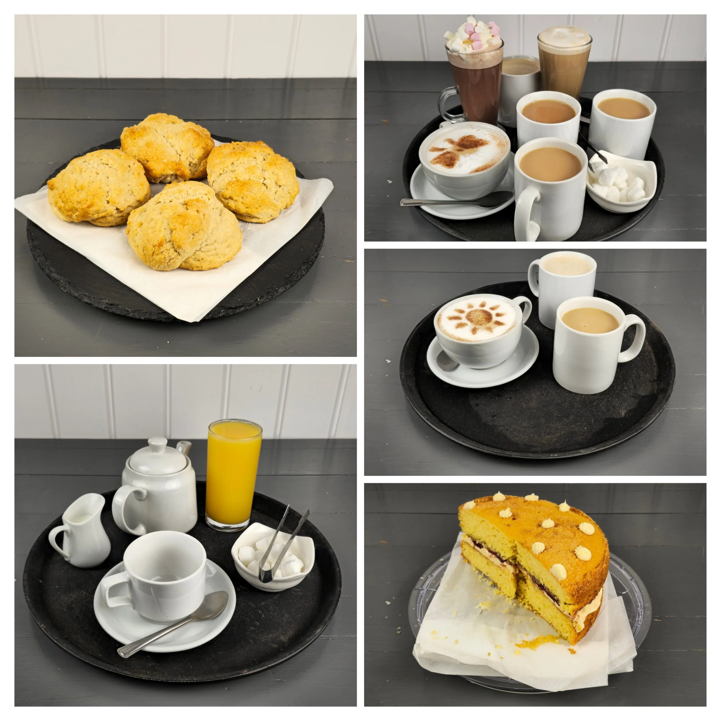 A curated collage featuring teas, coffees, scones and a slice of traditional cake—showcasing Silverwood Café’s most beloved refreshments. This image is ideal for marketing afternoon menus and boosting engagement on social platforms.