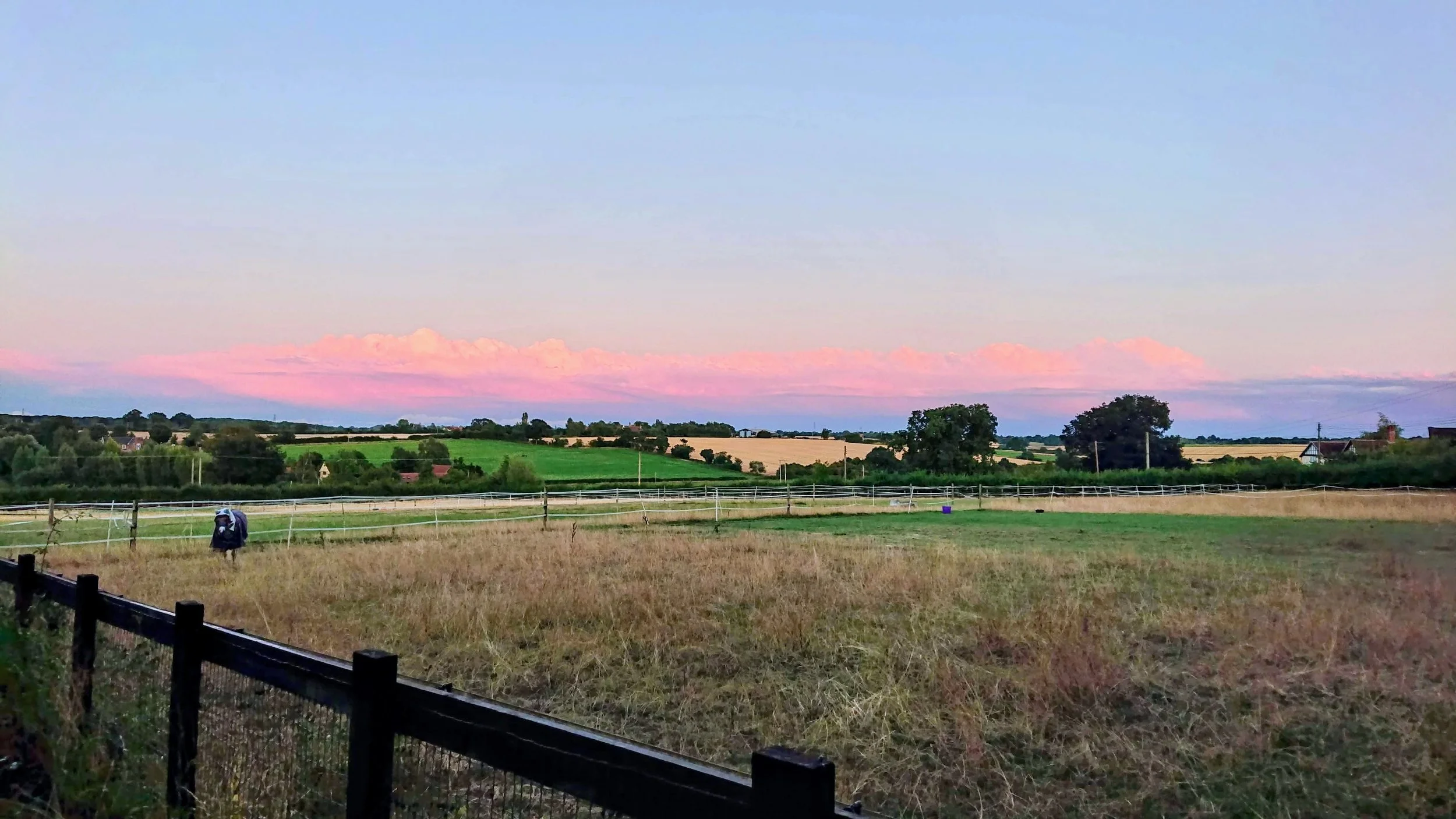 Sunset over a rural landscape with fields, trees, houses, and a person walking through the grass, bordered by a black fence in the foreground.