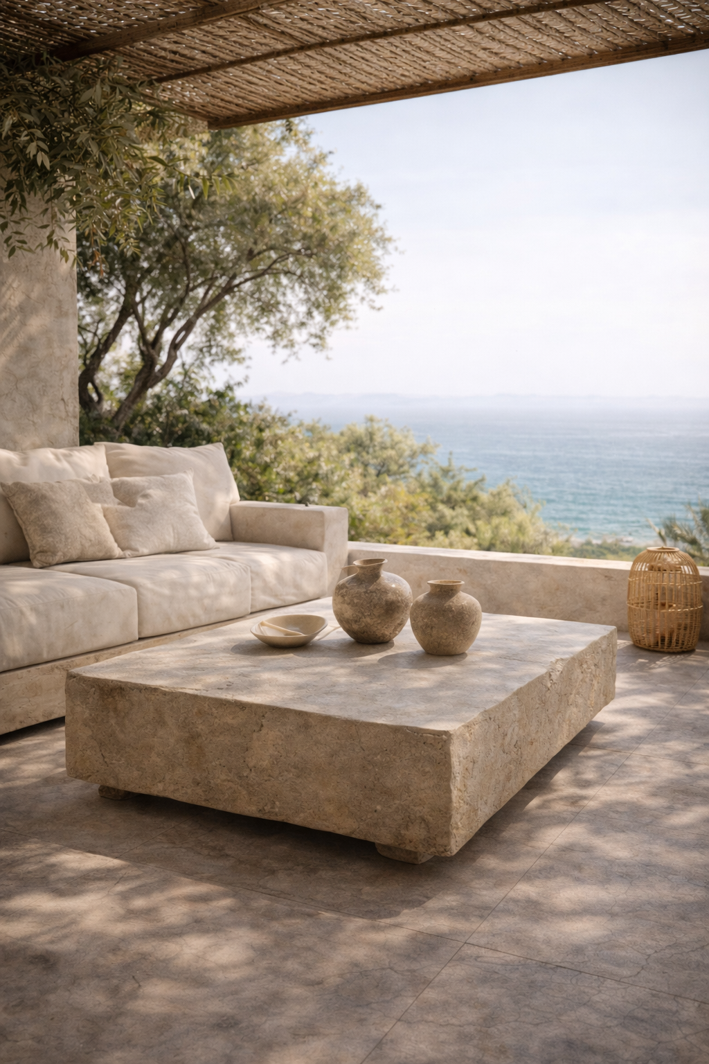 Coin salon avec canapé beige, table en pierre, vaisselle en céramique, vue sur la mer et la nature environnante. franch riviera interior design