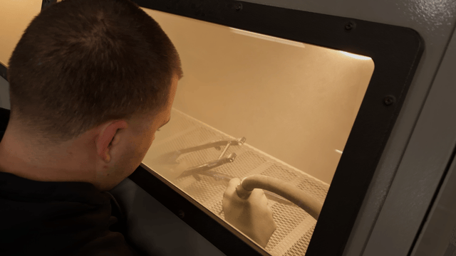 Person observing a snake inside a secure enclosure.