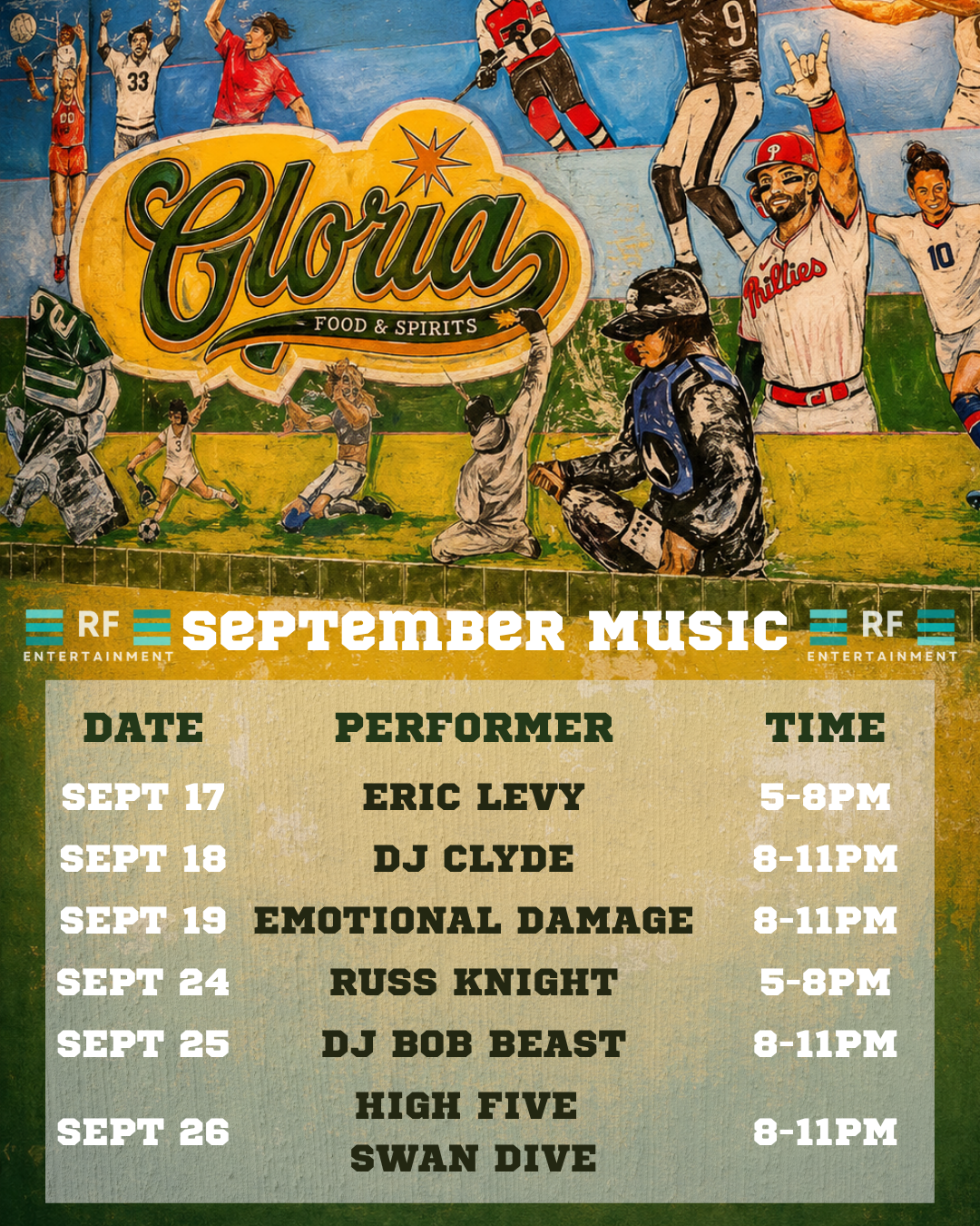 Gloria Sports & Spirits - Live Music Schedule