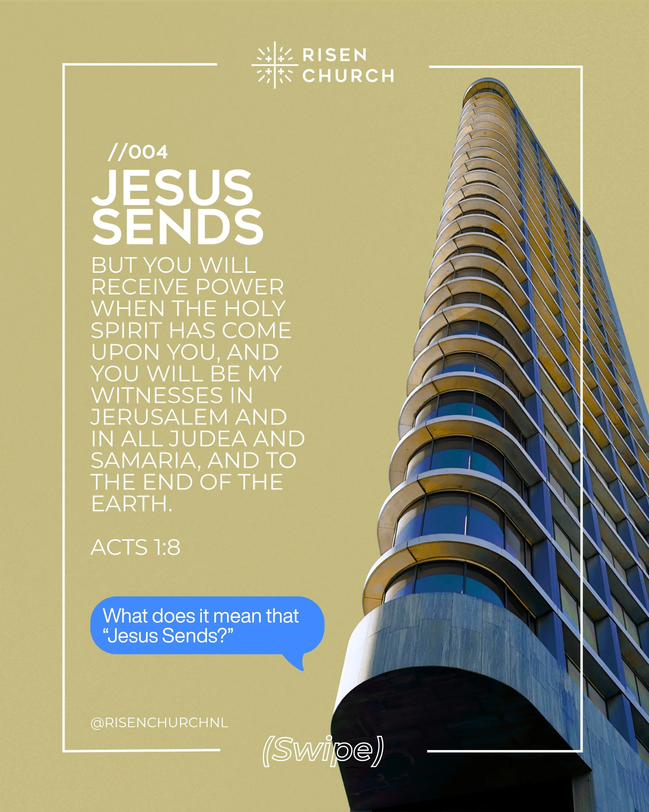004 // JESUS SENDS

We long for a life with purpose. In Jesus, we&rsquo;re invited to be part of something bigger than ourselves.

Jesus sends us into the world.

Jesus sends us to make him known, sharing the good news of his life, death, and resurre